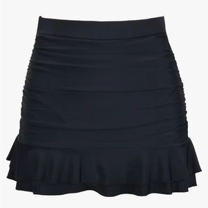 New black swim skirt, ruched sides, ruffled hem, XL